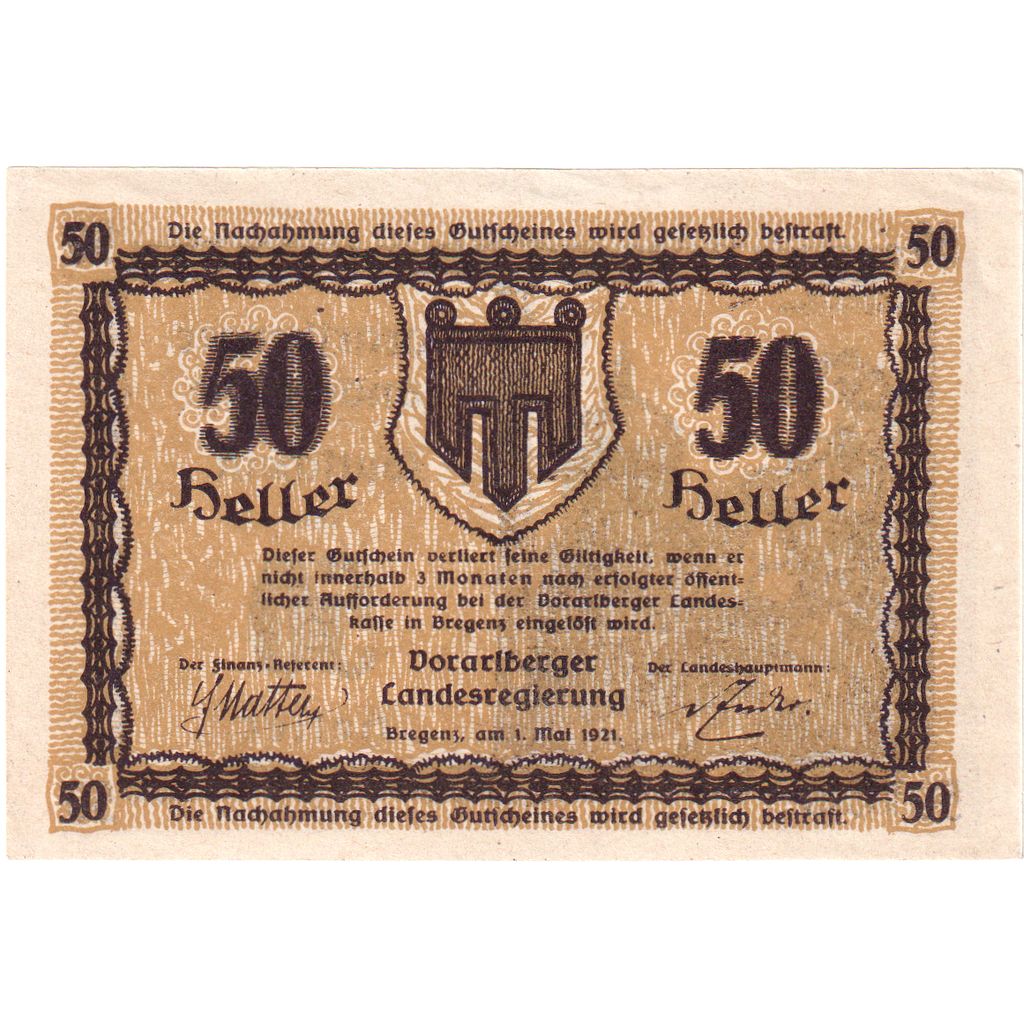 Österreich, Vorarlberger, 50 Heller, Blason, 1921, UNZ-, Mehl:FS 1118IIa