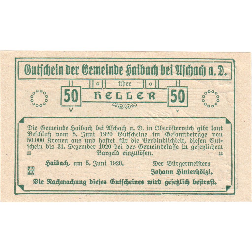 Österreich, Aschach, 50 Heller, paysage, 1920, 1920-12-31, UNZ-, Mehl:FS 332II
