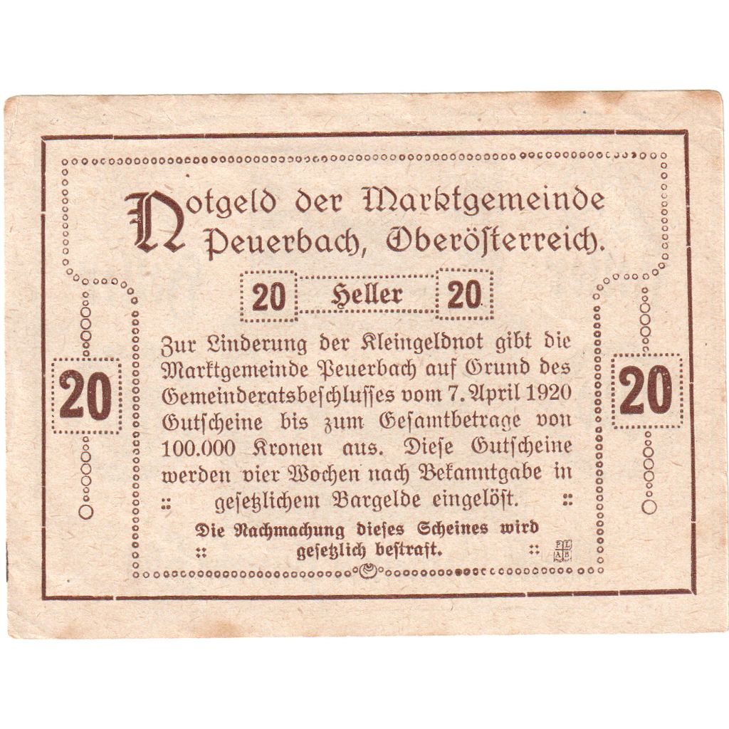 Österreich, Peuerbach, 20 Heller, Ville, 1920, 1920-04-07, S, Mehl:FS 741IIc
