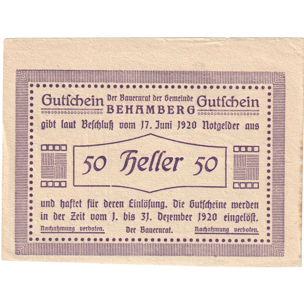 Österreich, Behamberg, 50 Heller, village, 1920, 1920-12-31, SS, Mehl:FS 80a