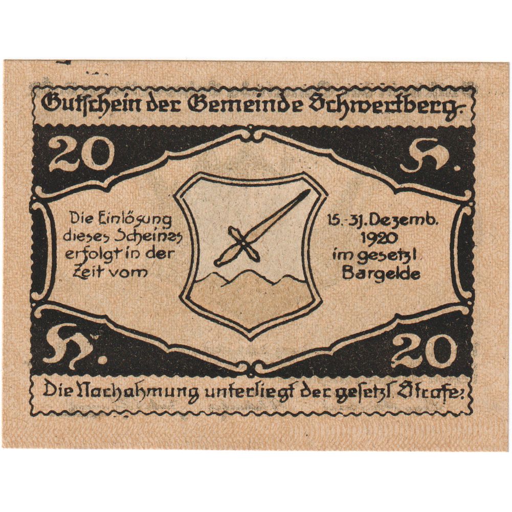 Austria, Schwertberg, 20 Heller, épée, 1920, 1920-12-31, SPL, Mehl:FS 984Ia