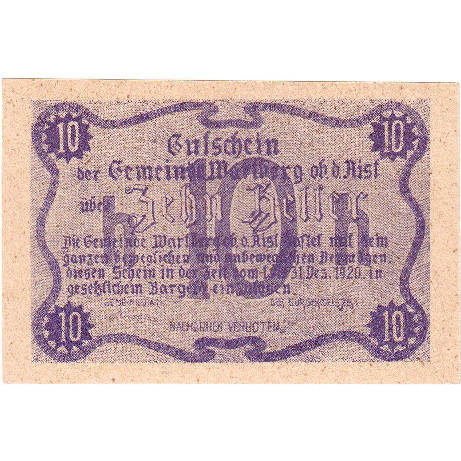 Österreich, Wartberg, 10 Heller, Eglise, 1920, 1920-12-31, UNZ-, Mehl:FS 1142b