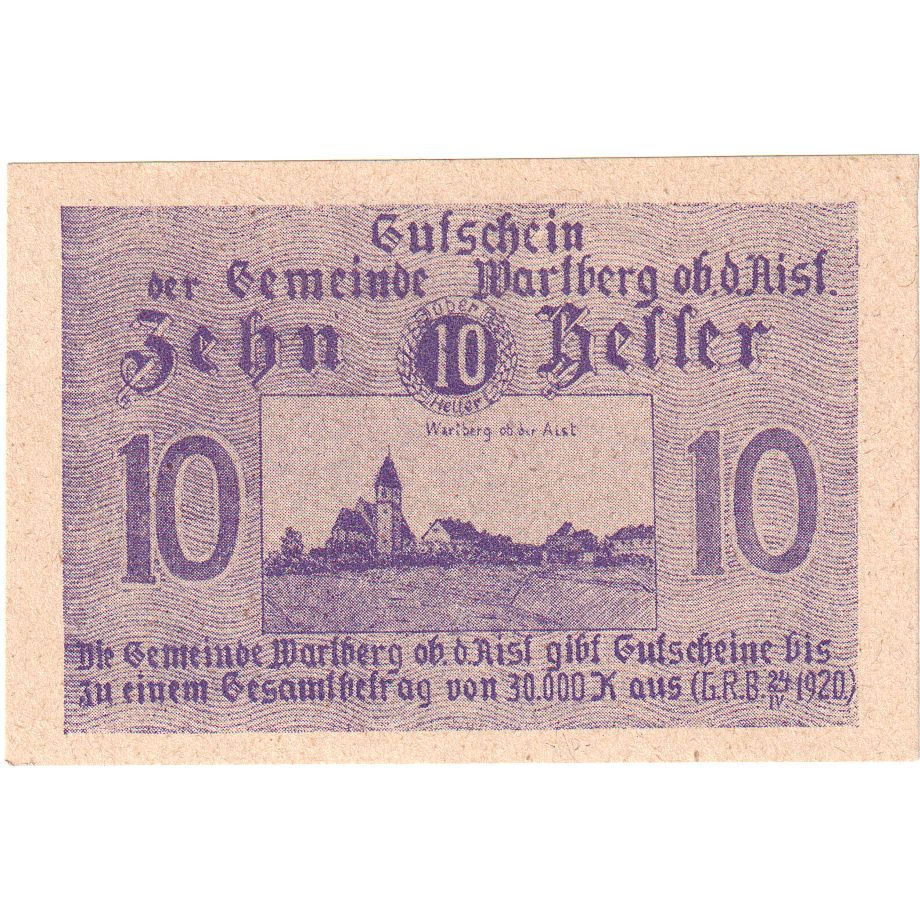 Österreich, Wartberg, 10 Heller, Eglise, 1920, 1920-12-31, UNZ-, Mehl:FS 1142b