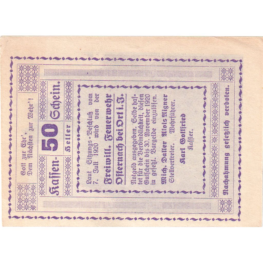 Austria, Osternach, 50 Heller, militaire, 1920, 1920-11-31, SPL, Mehl:FS 714