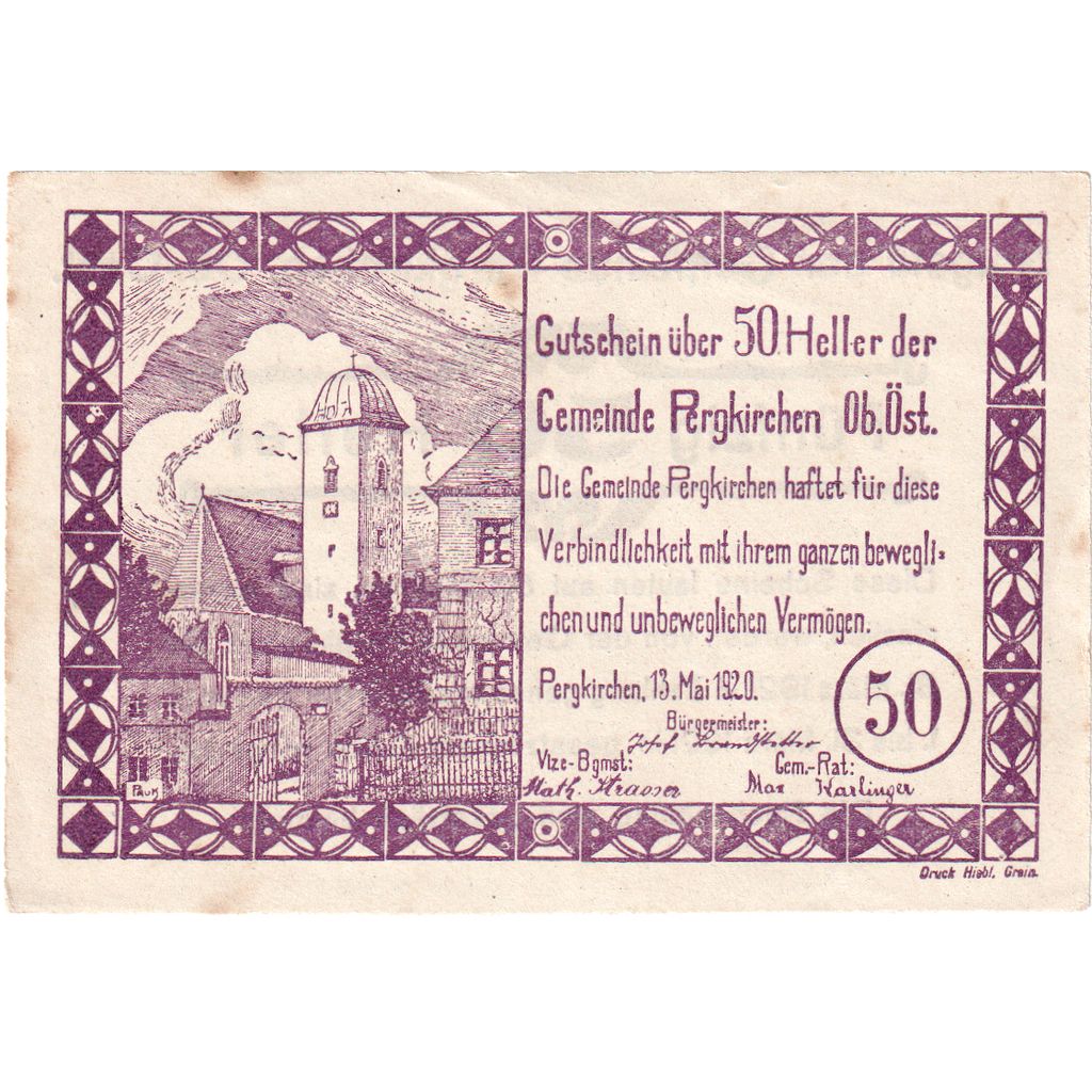Österreich, Pergkirchen, 50 Heller, Eglise, 1921, 1921-03-31, SS, Mehl:FS 732