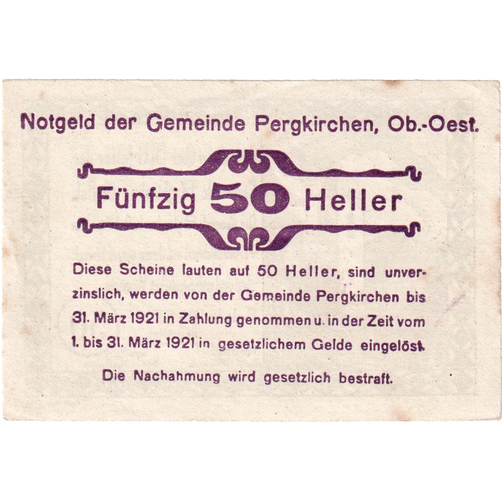 Österreich, Pergkirchen, 50 Heller, Eglise, 1921, 1921-03-31, SS, Mehl:FS 732