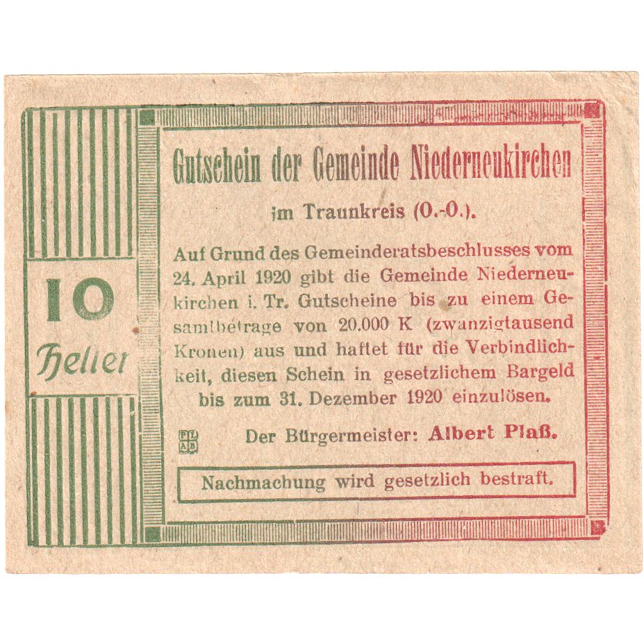 Austria, Niederneukirchen, 10 Heller, Eglise 1920-12-31, SPL Mehl:FS 670a