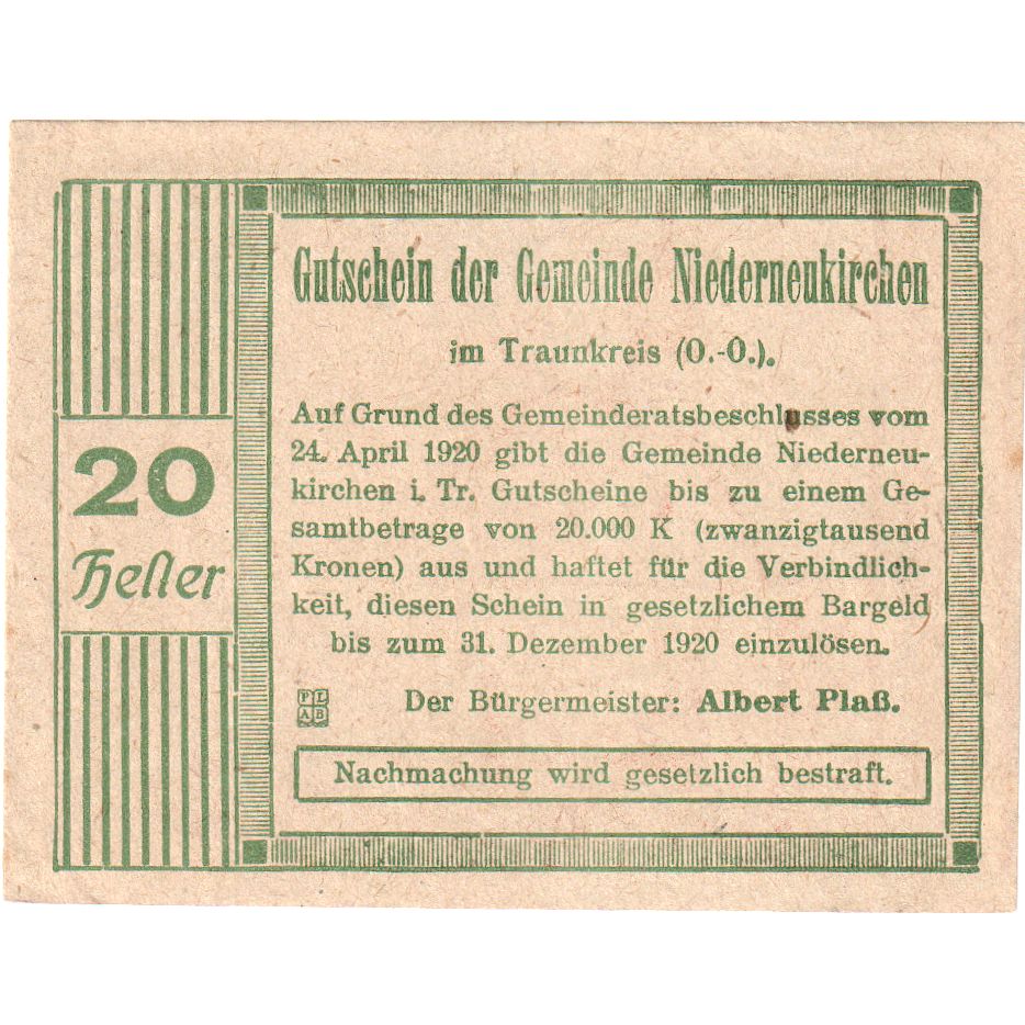 Österreich, Niederneukirchen, 20 Heller, Texte 1920-12-31, UNZ-, Mehl:FS 670a