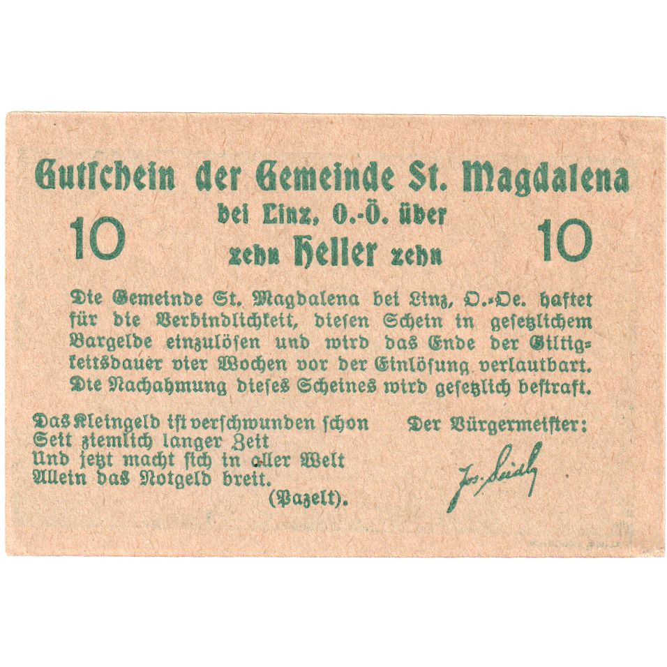 Österreich, St Magdalena, 10 Heller, paysage, 1920, UNZ-, Mehl:FS 906b