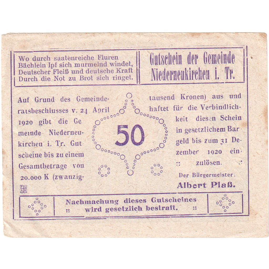 Österreich, Niederneukirchen, 50 Heller, Eglise 1920-12-31, VZ, Mehl:FS 670a