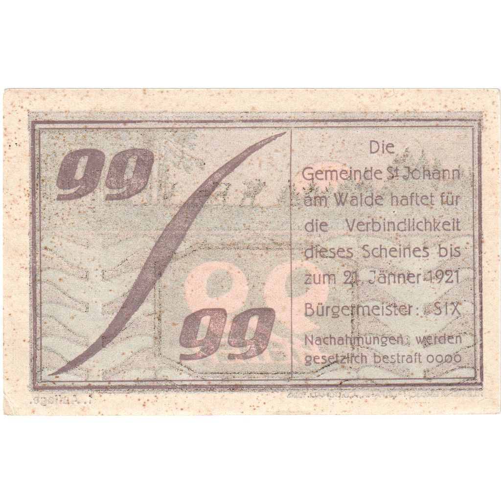 Österreich, St Johann, 99 Heller, paysage, 1921, 1921-01-21, UNZ-, Mehl:FS 893a