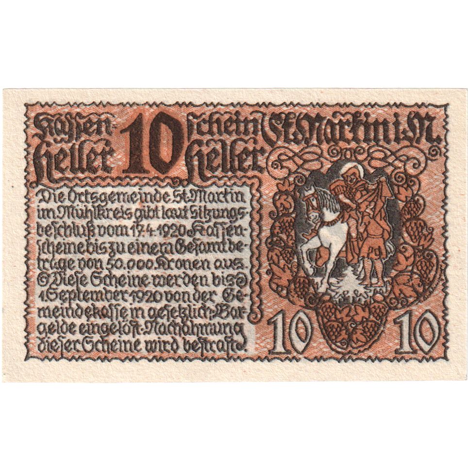 Österreich, St Martin im Mühlkreis, 10 Heller, Blason, 1920 UNZ- Mehl:FS 912a