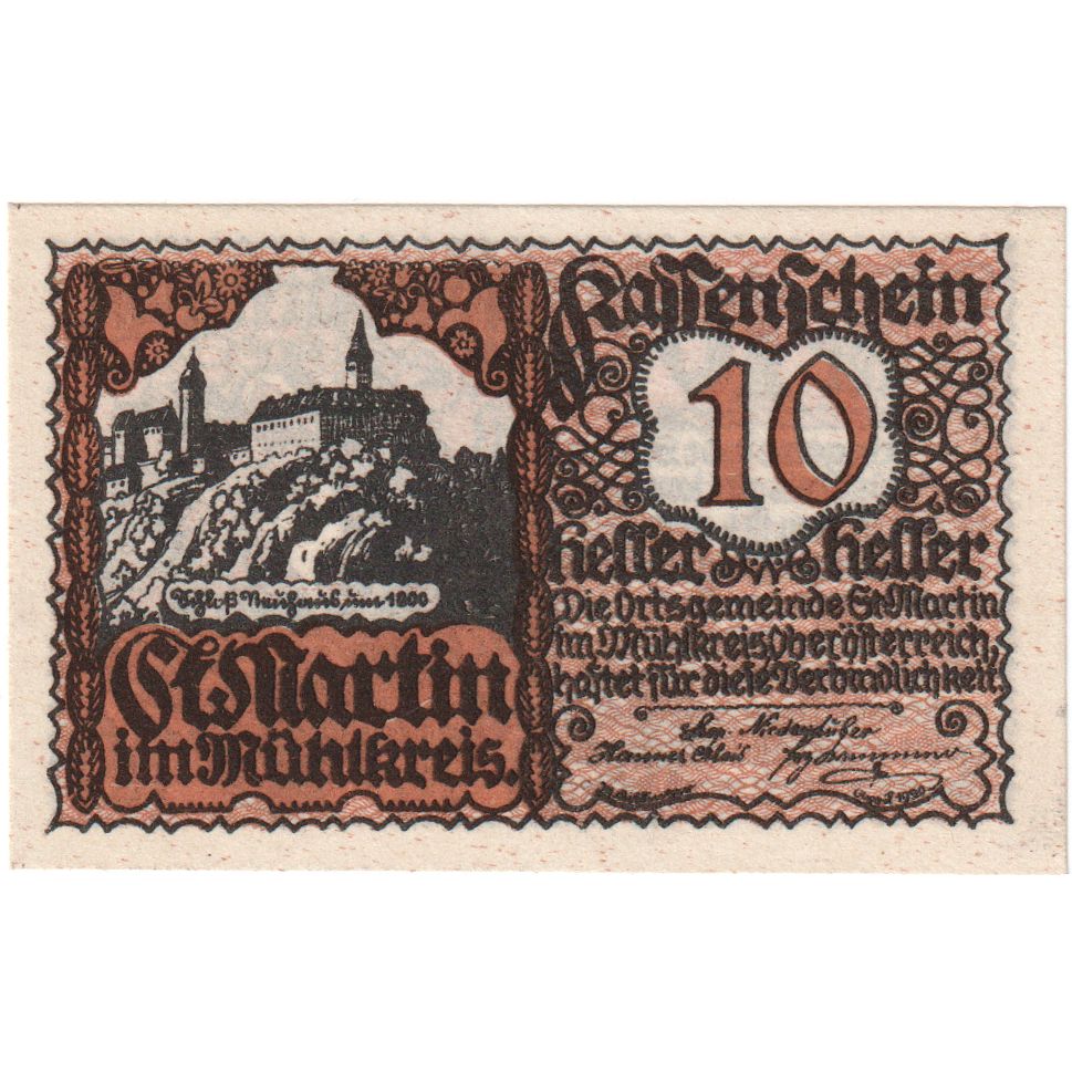 Österreich, St Martin im Mühlkreis, 10 Heller, Blason, 1920 UNZ- Mehl:FS 912a