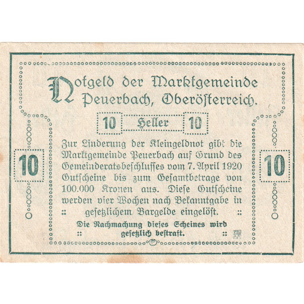Austria, Peuerbach, 10 Heller, Eglise 1920-04-07, AU(55-58), Mehl:FS 741IIa