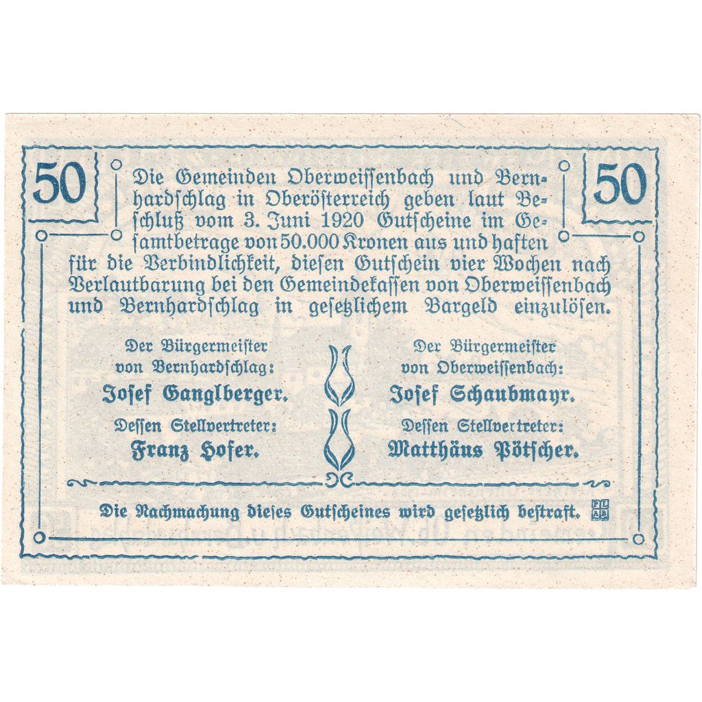 Österreich, Weissenbach, 50 Heller, village, 1920, UNZ-, Mehl:FS 697