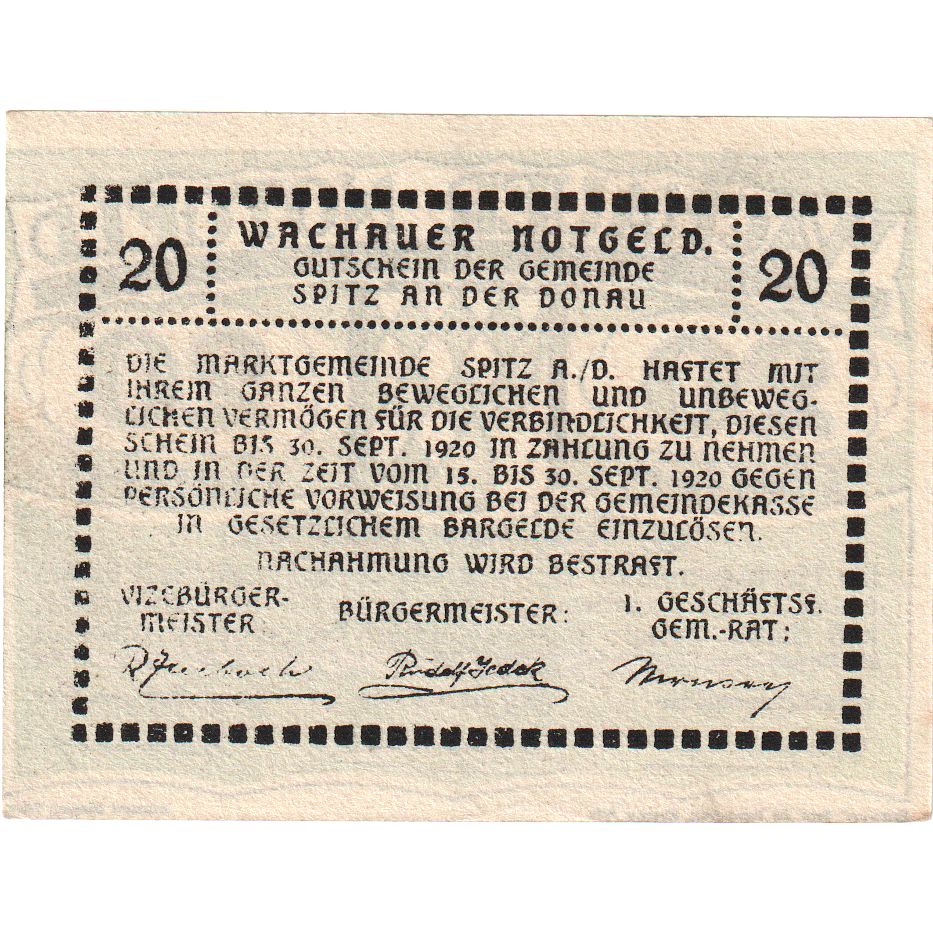 Österreich, Spitz, 20 Heller, Texte, 1920, 1920-09-30, UNZ-, Mehl:FS 1122.12II