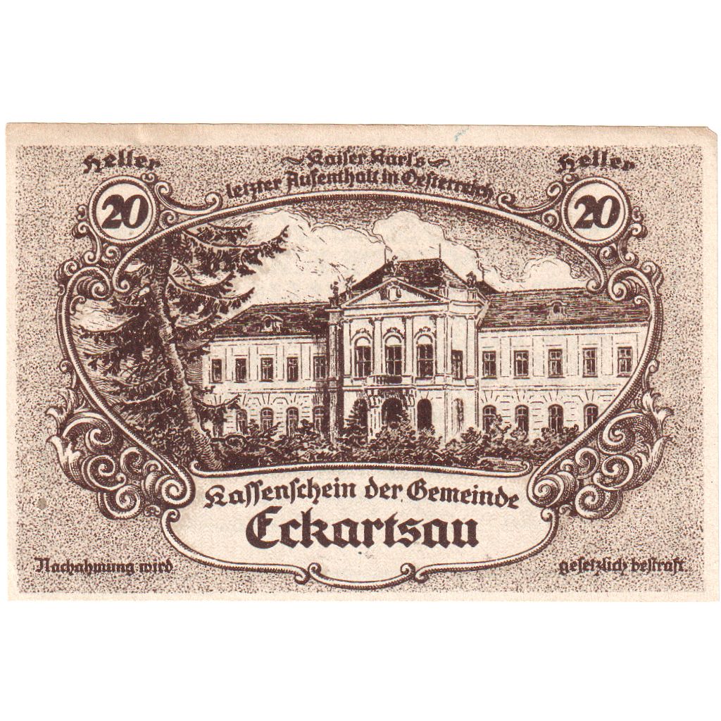 Österreich, Eckartsau, 20 Heller, château, 1920, 1920-12-31, VZ, Mehl:FS 149a