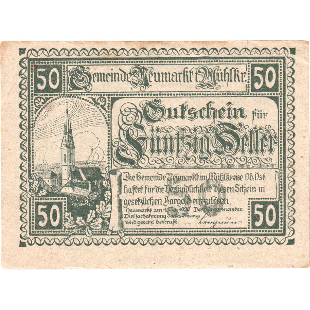 Österreich, Neumarkt, 50 Heller, Eglise, 1920, 1920-09-01, SS, Mehl:FS 664b