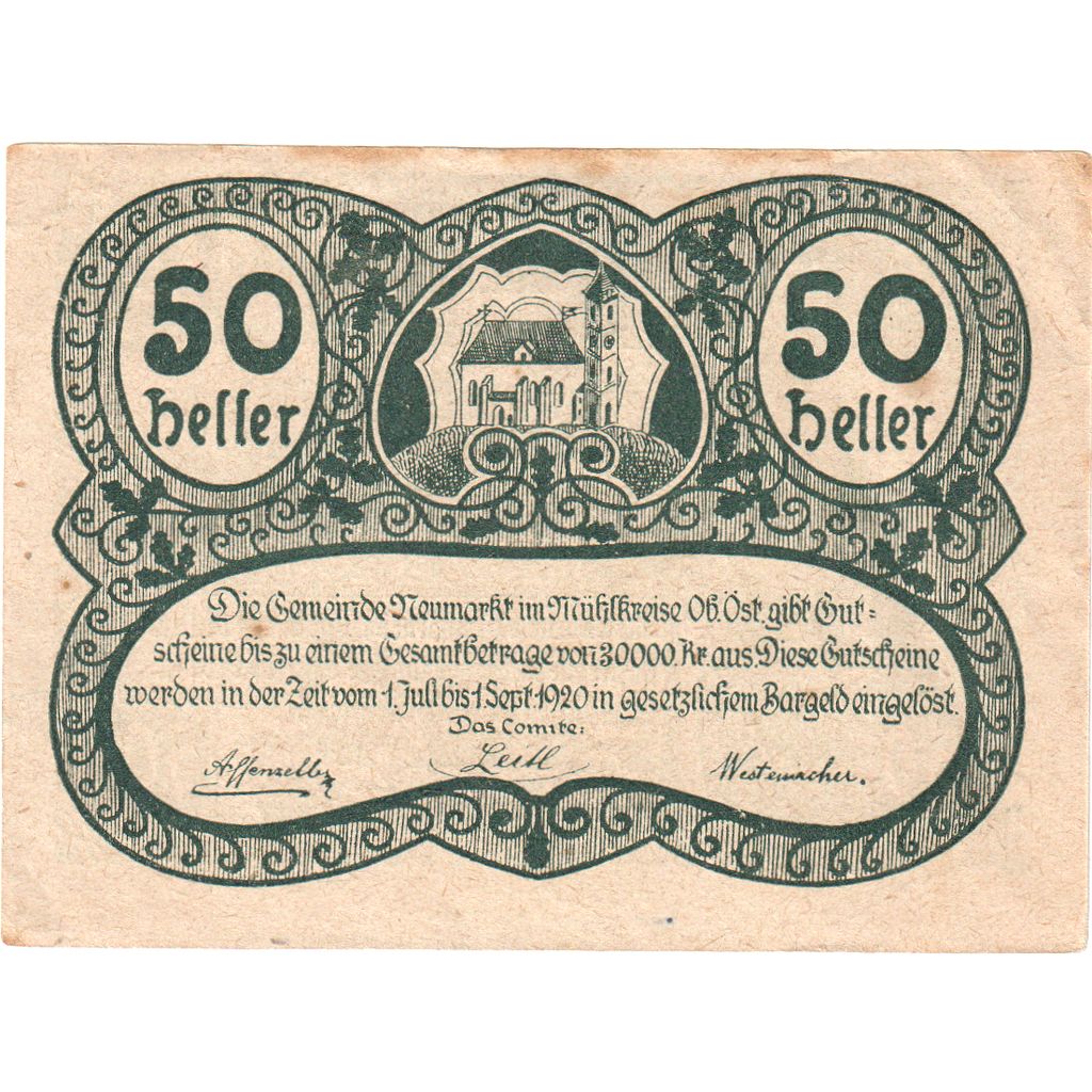 Österreich, Neumarkt, 50 Heller, Eglise, 1920, 1920-09-01, SS, Mehl:FS 664b
