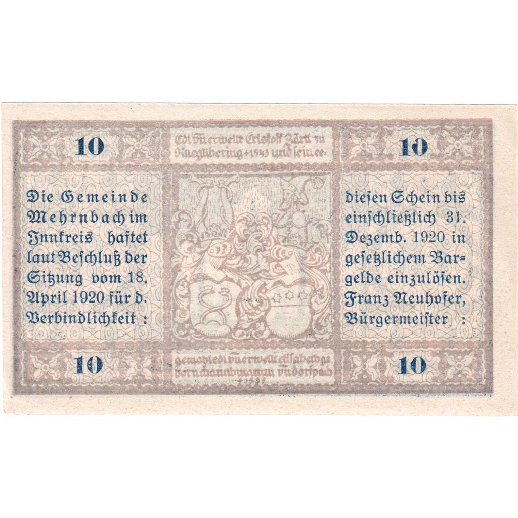 Österreich, Mehrnbach, 10 Heller, Monument 1920-12-31, UNZ-, Mehl:FS 604.1