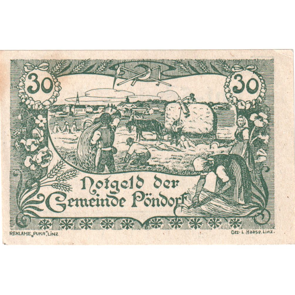 Österreich, Pöndorf, 30 Heller, agriculteur, 1920, VZ, Mehl:FS 757c
