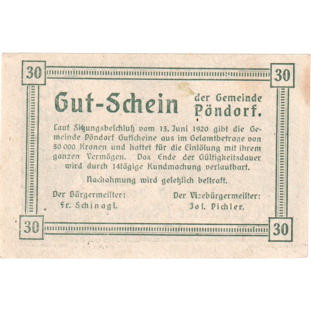 Österreich, Pöndorf, 30 Heller, agriculteur, 1920, VZ, Mehl:FS 757c