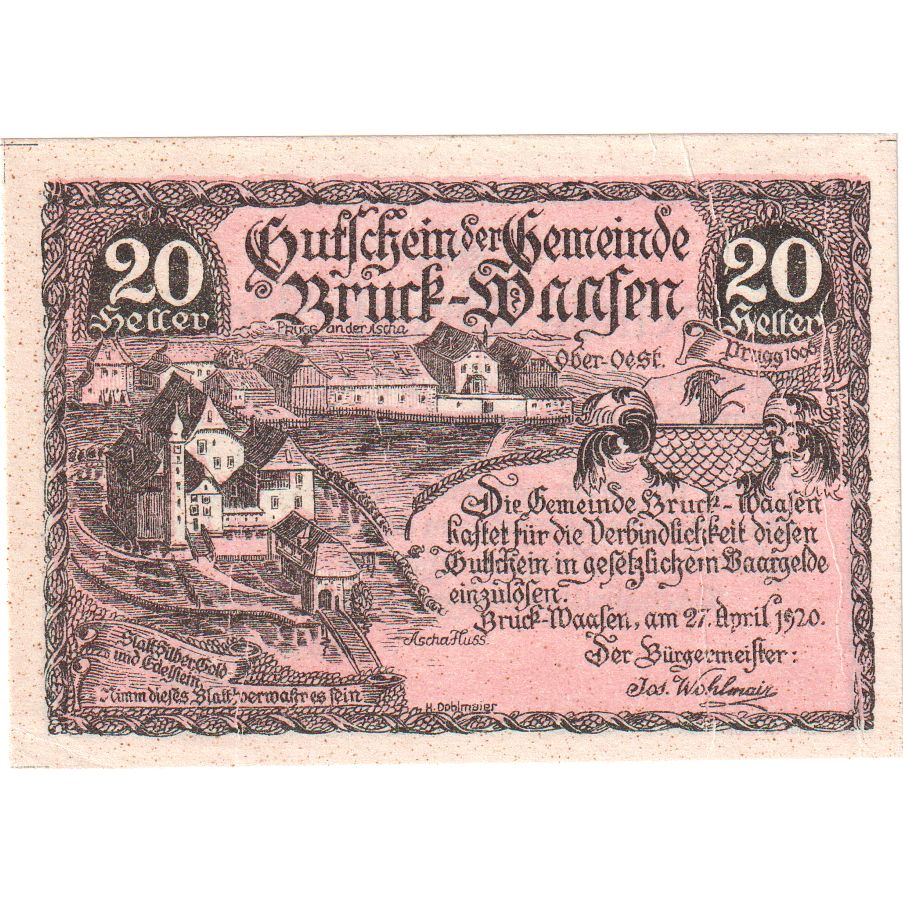 Österreich, Bruck-Waasen, 20 Heller, village 1921-03-31, VZ+, Mehl:FS 108b