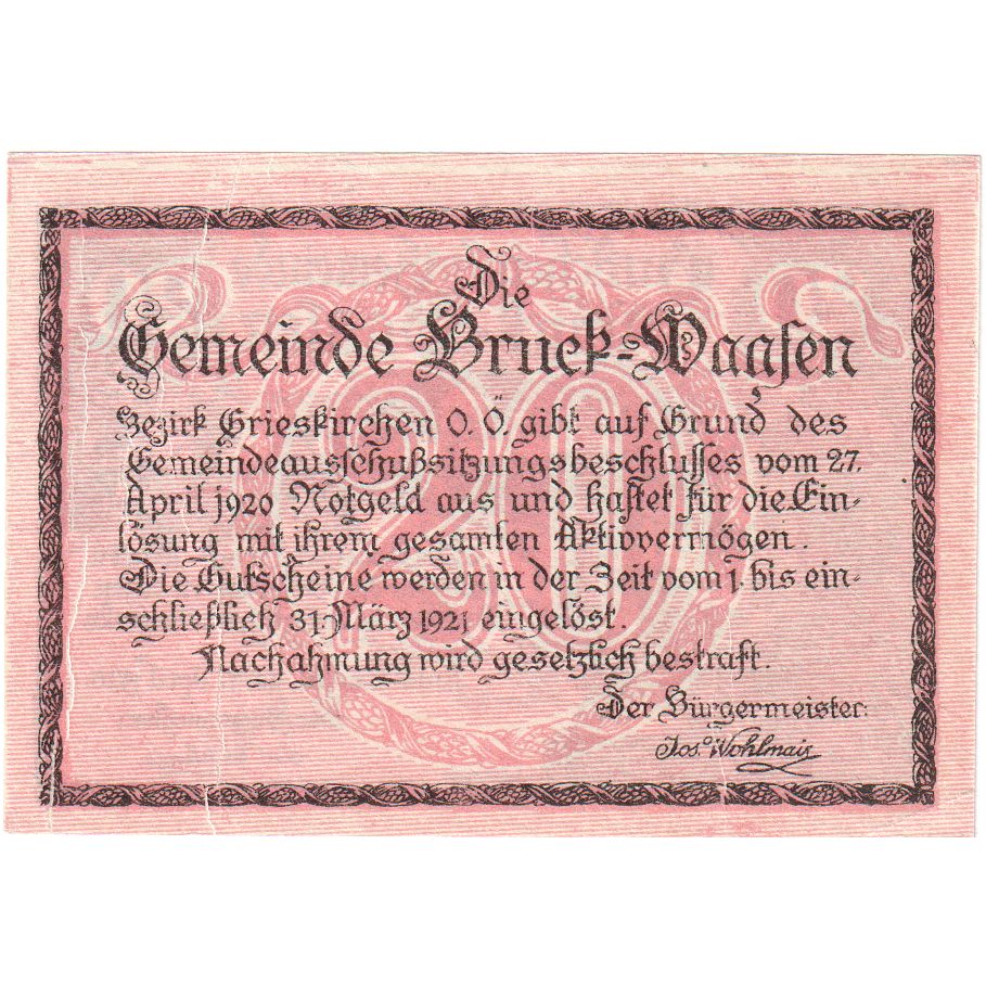 Österreich, Bruck-Waasen, 20 Heller, village 1921-03-31, VZ+, Mehl:FS 108b