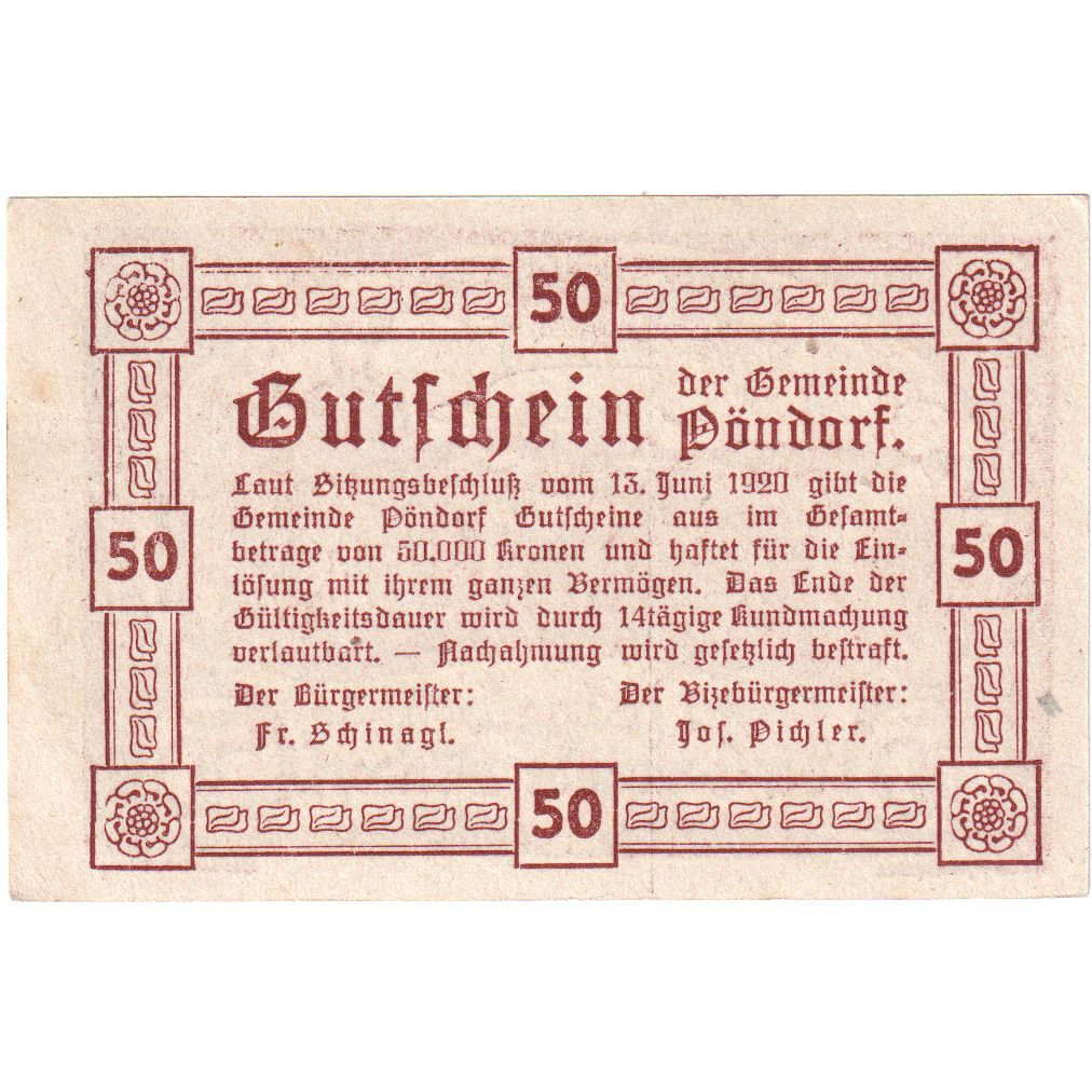 Österreich, Pöndorf, 50 Heller, village, 1920, VZ, Mehl:FS 757c
