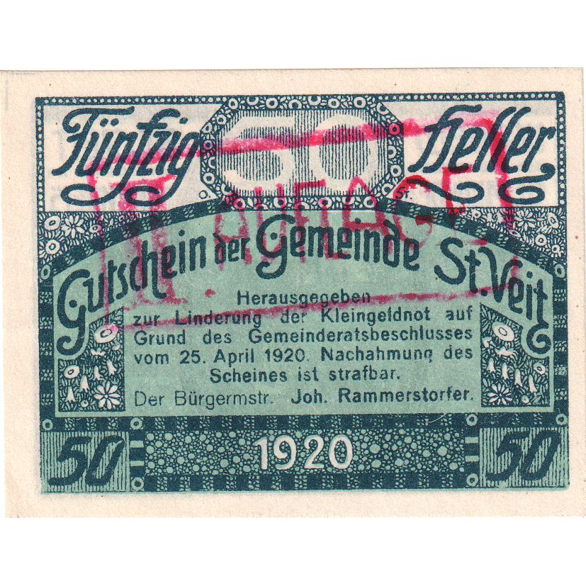 Österreich, St Veit, 50 Heller, Eglise, 1920, 1920-12-31, UNZ-, Mehl:FS 944a