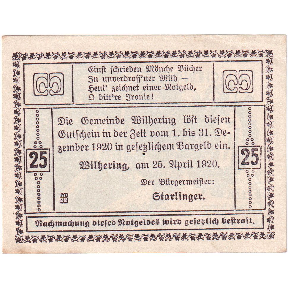 Österreich, Wilhering, 25 Heller, château, 1920, 1920-12-31, VZ, Mehl:FS 1236