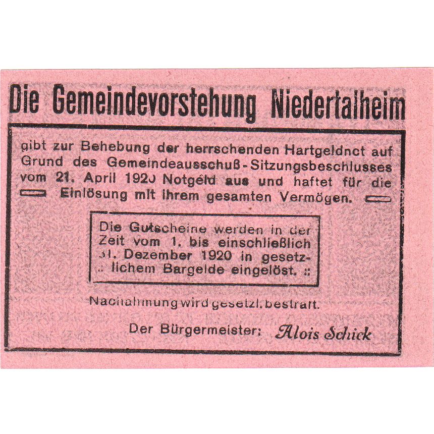 Österreich, Niedertalheim, 20 Heller, paysage, 1920-12-31, UNZ-, Mehl:FS 672d