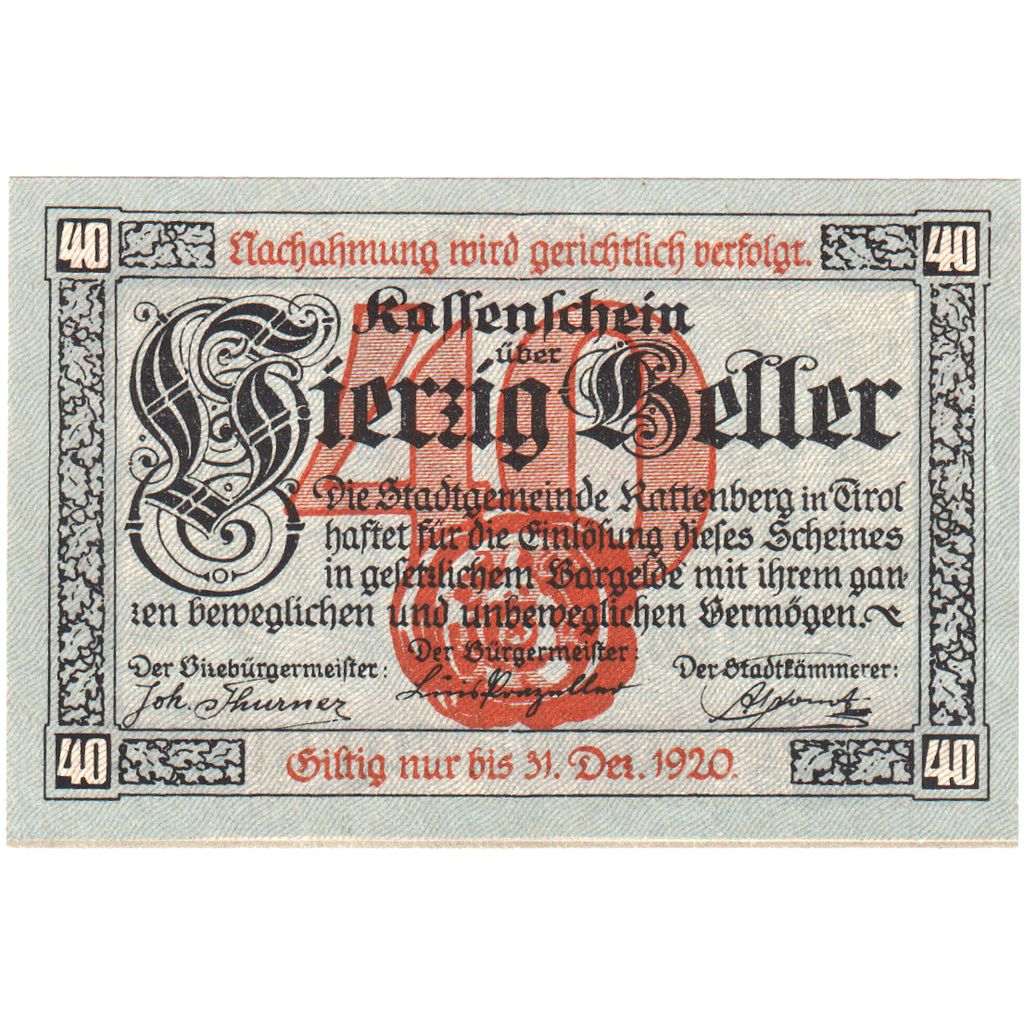 Österreich, Rattenberg, 40 Heller, place, 1920, 1920-12-31, UNZ-, Mehl:FS 821I