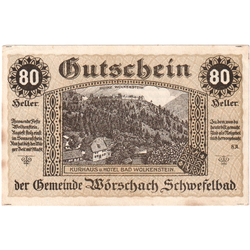 Österreich, Worschach, 80 Heller, paysage, 1920, 1920-12-31, SS, Mehl:FS 1254