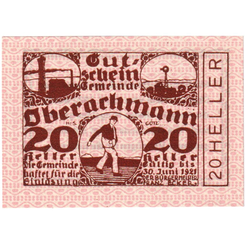 Österreich, Oberachmann, 20 Heller, Texte, 1921, 1921-06-30, UNZ-, Mehl:FS 680b