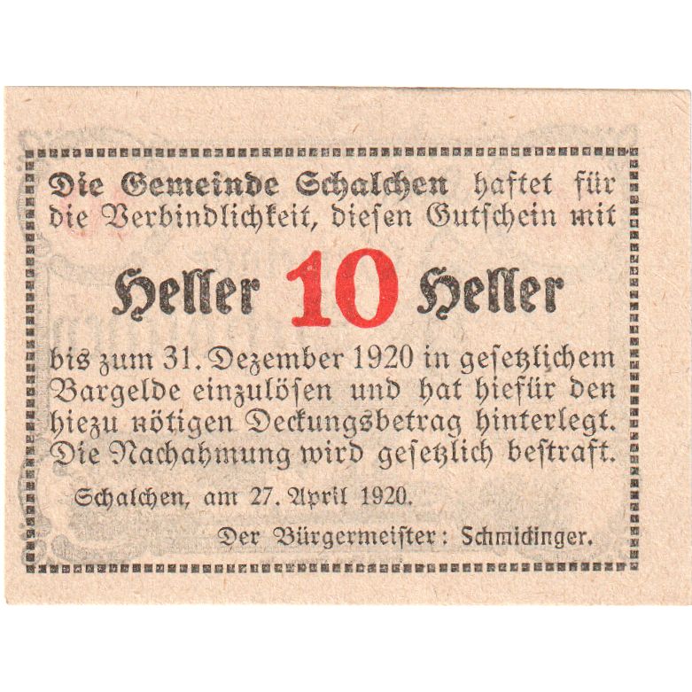 Österreich, Schalchen, 10 Heller, Eglise, 1920, 1920-12-31, UNZ-, Mehl:FS 952a