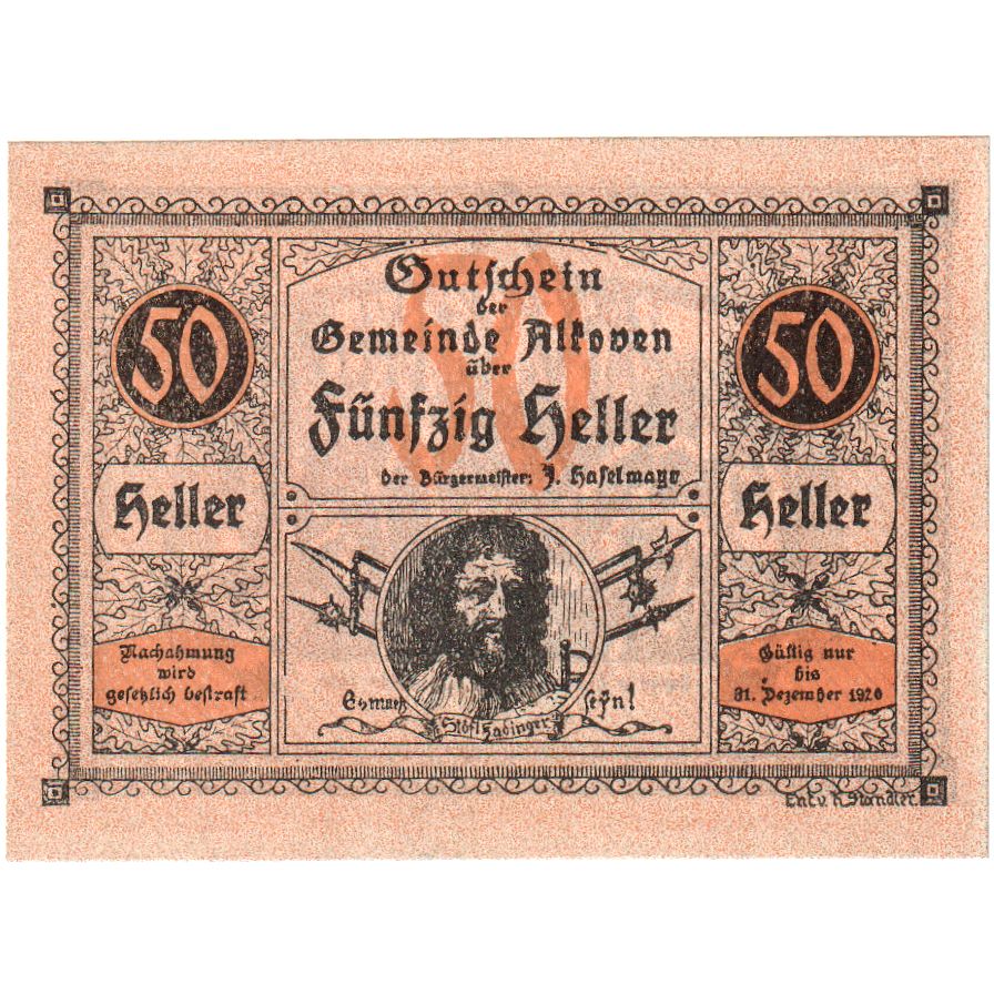Österreich, Alkoven, 50 Heller, Bataille, 1920, 1920-12-31, UNZ-, Mehl:FS 18IIa