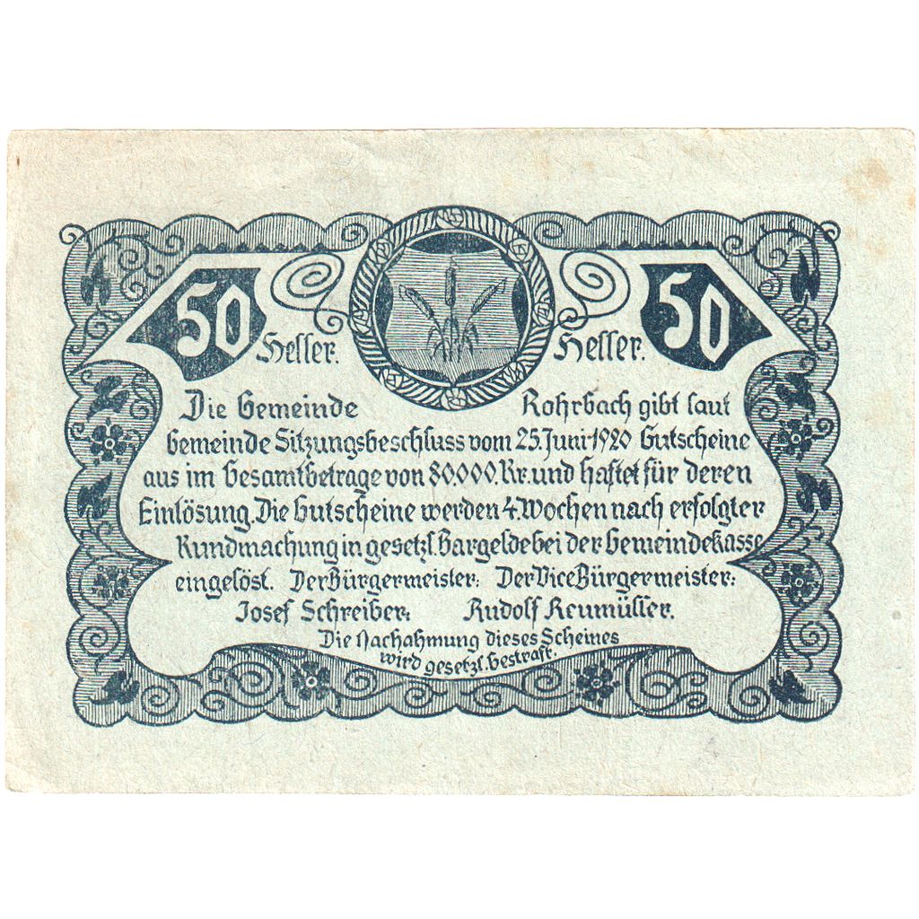 Österreich, Rohrbach, 50 Heller, village, 1920, SS, Mehl:FS 841a