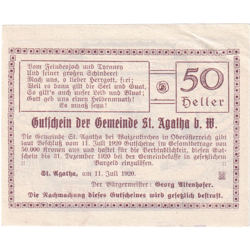 Österreich, St Agatha, 50 Heller, lac, 1920, 1920-12-31, VZ, Mehl:FS 877IId
