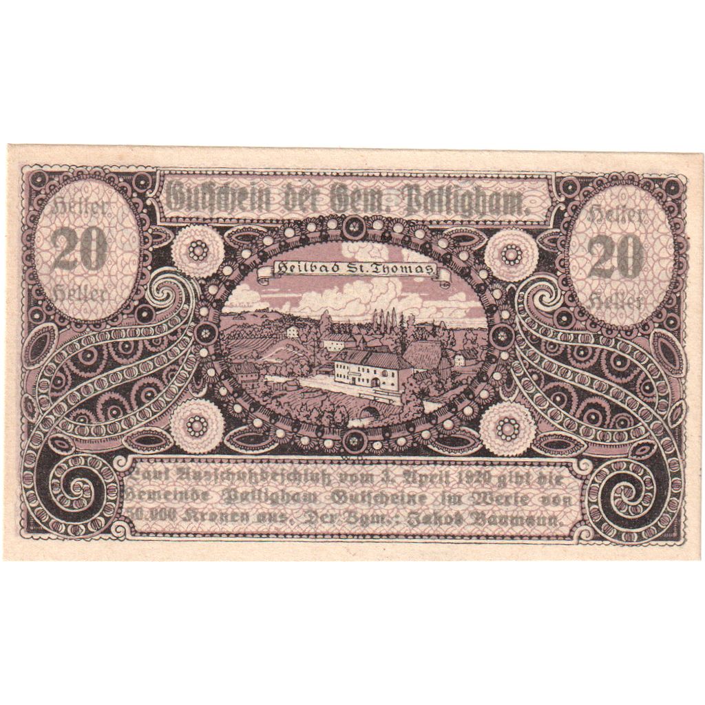 Austria, Pattigham, 20 Heller, château, 1920, 1920-12-31, UNC(63), Mehl:FS 723a