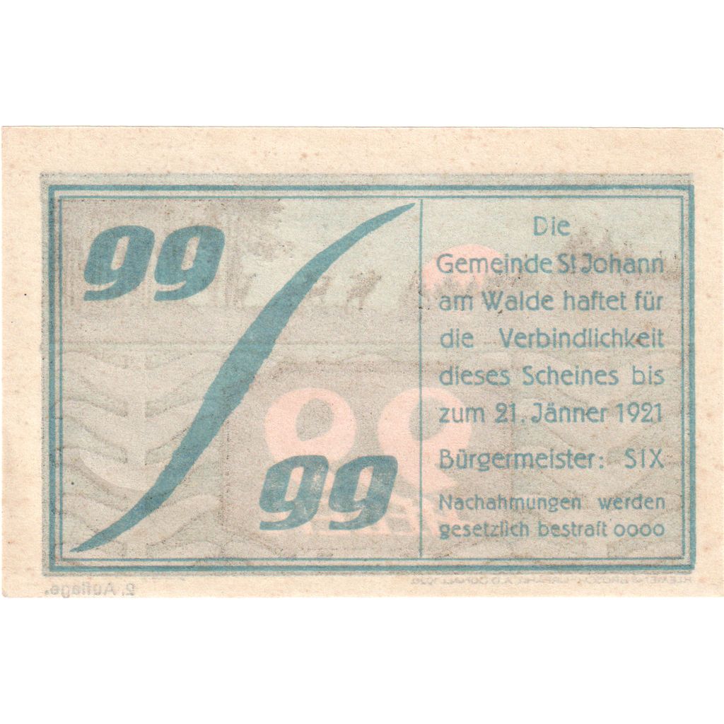 Austria, St Johann, 99 Heller, Animaux, 1921, 1921-01-21, UNC(63), Mehl:FS 893a