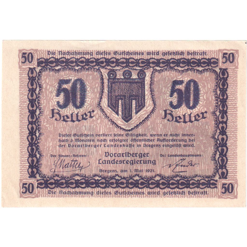 Österreich, Vorarlberger, 50 Heller, Blason 1921-05-01, UNZ-, Mehl:FS 1118IIb