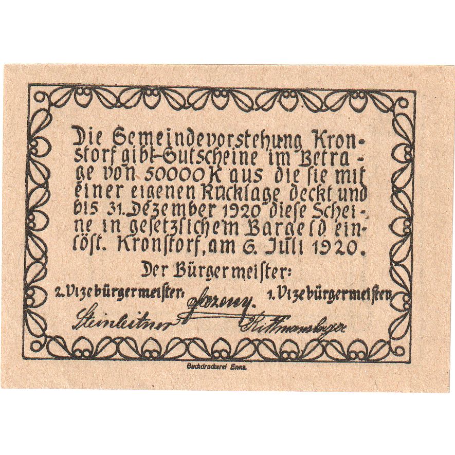 Austria, Kronstorf, 20 Heller, parchemin 1920-12-31, UNC(63), Mehl:FS 486a