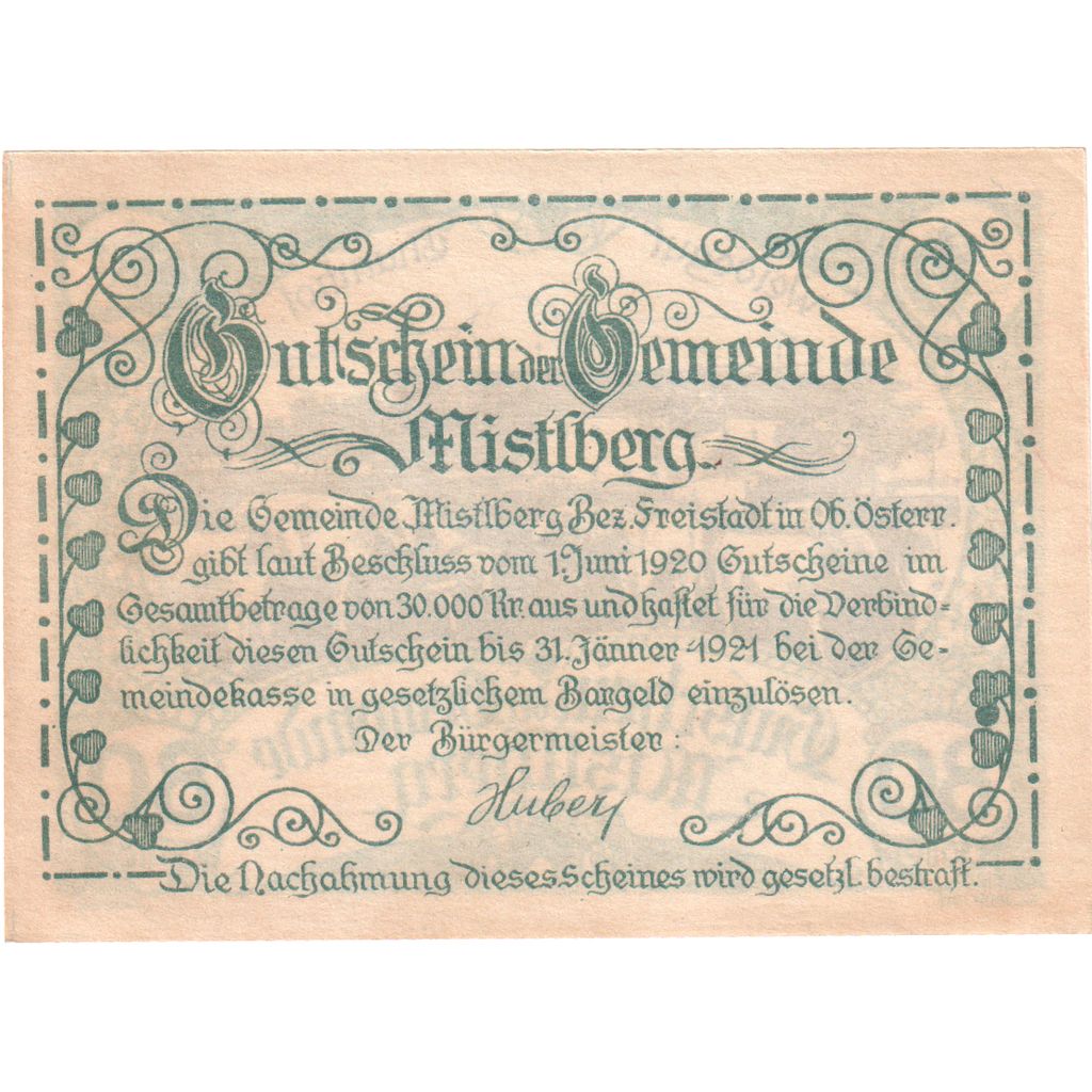 Österreich, Mistelberg, 80 Heller, Animaux, 1921, 1921-01-31, UNZ-