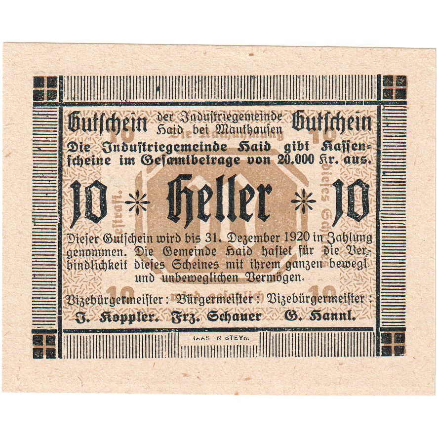 Österreich, Haid, 10 Heller, Texte, 1920, 1920-12-31, UNZ-, Mehl:FS 334Ia