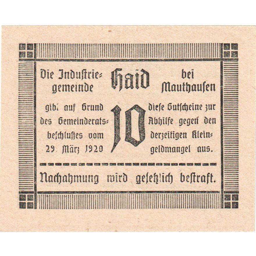 Österreich, Haid, 10 Heller, Texte, 1920, 1920-12-31, UNZ-, Mehl:FS 334Ia