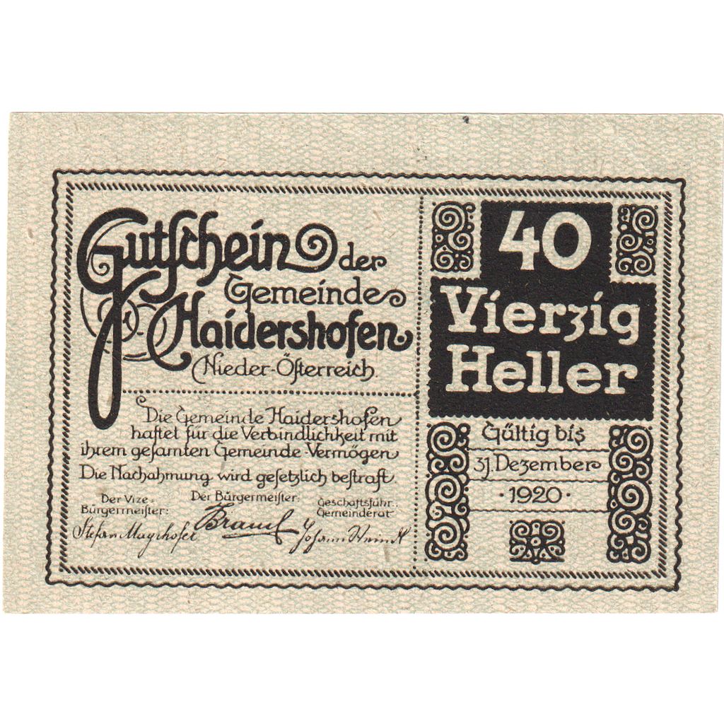 Österreich, Haidershofen, 40 Heller, Eglise 1920-12-31, UNZ-, Mehl:FS 335Ia