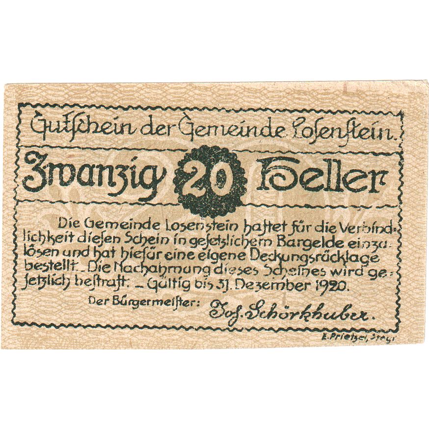 Austria, Losenstein, 20 Heller, ferme, 1920, 1920-12-31, UNC(63), Mehl:FS 566IVa