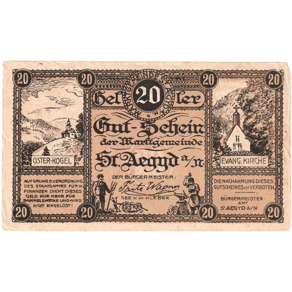 Austria, St Aegyd, 20 Heller, Eglise, 1920, EF(40-45), Mehl:FS 876a