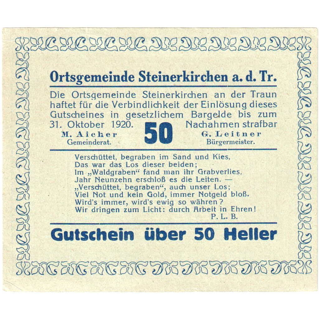 Austria, Steinerkirchen, 50 Heller, portrait 1920-10-31 UNC(63), Mehl:FS 1029IIa